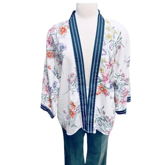Cupio Floral Kimono Cardigan Top Open Front Boho Striped Navy Trim Size L - Picture 1 of 9